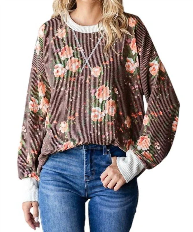 Women's Transitional Apparel Classic Chic Deals Cindy Ribbed Floral Pullover In Brown