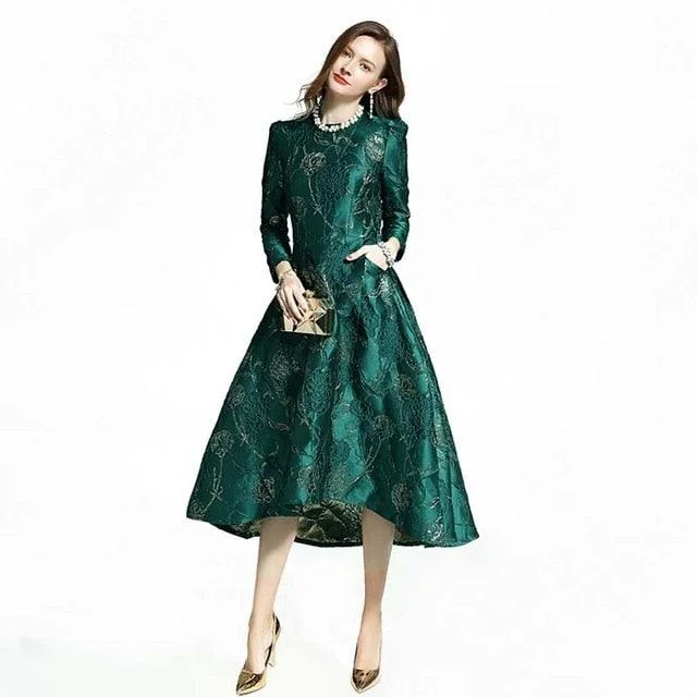 Women's Transitional Outfit Flash Sale Now Green Floral Elegant Jacquard Tail Dress