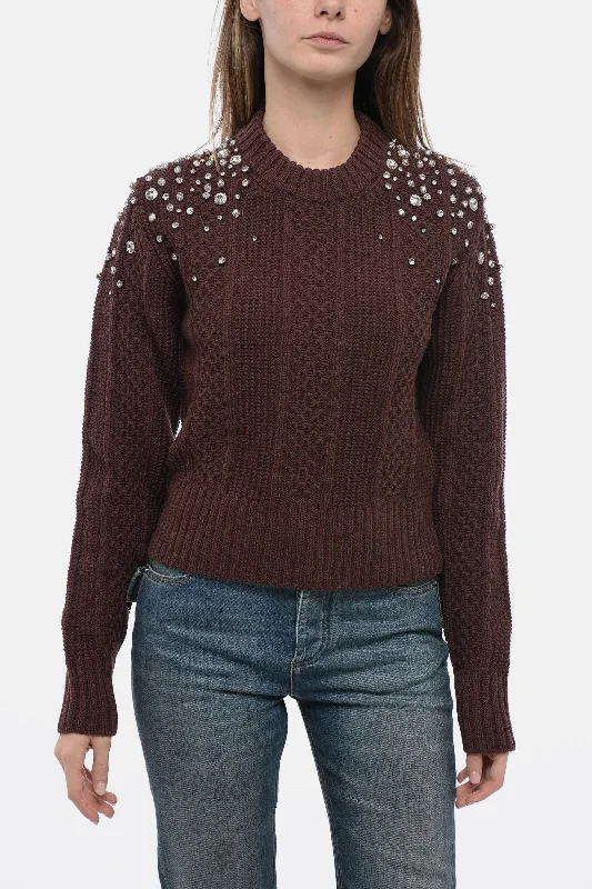 Women's Activewear Garments Statement Fashion Offers Golden Goose Crew Neck Aran Virgin Wool Sweater with Crystals