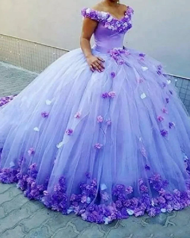 Women's Romantic Outfit Luxe Style Discounts Off the Shoulder Lavender /Coral Floral Flowers Ball Gown Quinceanera Dress Wedding Gown