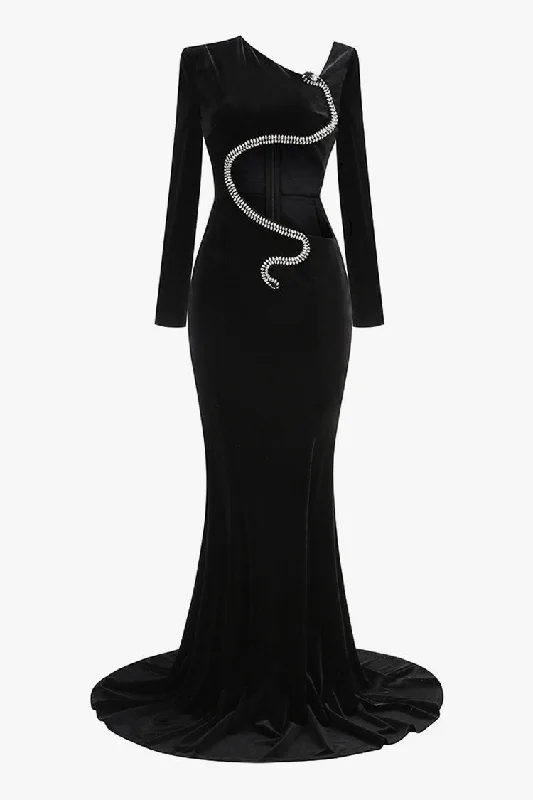 Chic Women's Outfit Style Upgrade Sexy Rhinestone Snake Strong Shoulder Cutout Velvet Formal Maxi Dress