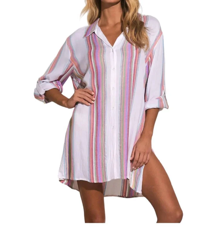 Women's Travel Outfit Set Fashion Forward Femininity Bermuda Boyfriend Cover Up Shirt In Multi Stripe