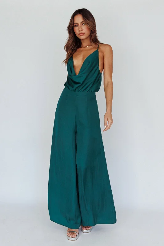 Women's Casual Wear Clothes Vintage Style Deals Jaclyn Wide-Leg Cowl Neck Jumpsuit Forest Green