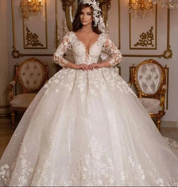 Women's Evening Garments Bid Farewell To The Old Season Vintage 2024 Lace Wedding Dresses Princess Ball Gown Beading Bridal Gowns Shinny Tulle Long Sleeves Ivory Dubai Marriage Dress