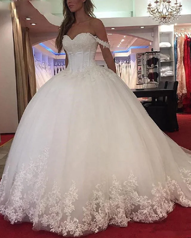 Women's Tailored Outfit Feminine Luxe Style Sale Princess Off the Shoulder Ball Gown Lace Bridal White Wedding Dress for Women Vestido De Novia WD0427