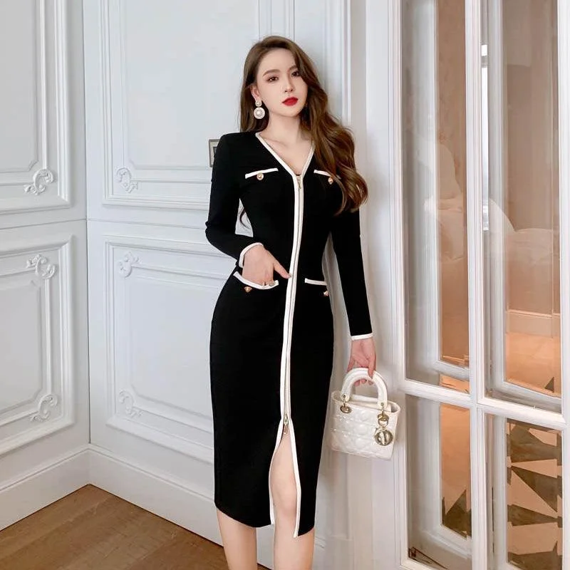 Women's Attire Best Sellers Black Elegant Knit Evening Midi Dress