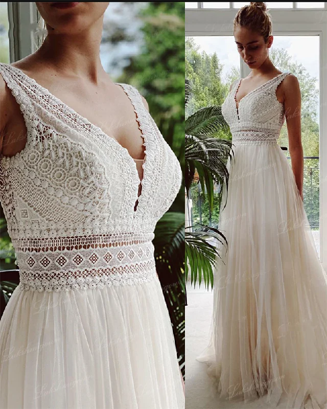 Women's Clothing Outfit Set Daily Deals Boho Wedding Dresses 2021 V Neck Beach Lace Bridal Wedding Gowns Elegant Bohemian Tulle A Line Bridal Dress