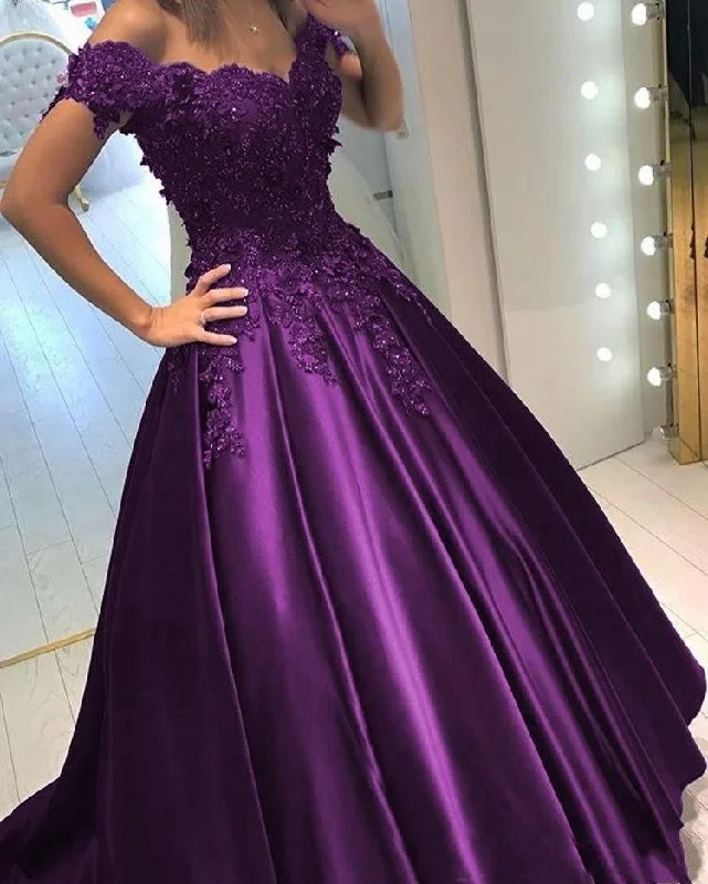 Women's Holiday Outfit Premium Style Offers Purple Ball Gown Wedding Dress Off the shoulder Lace Quinceanera Debutante Prom Gown PL01202