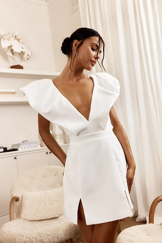 Women's Trendy Outfit Feminine Luxe Style Sale Liardon Bubble Sleeve V-Neckline Mini Dress White