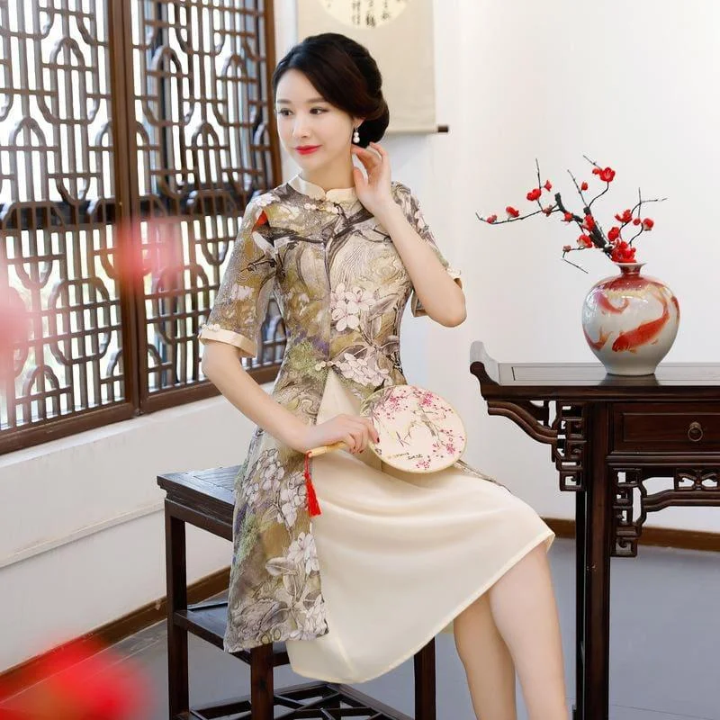 Stylish Women's Apparel Sporty Fashion Offers Vintage Rayon Traditional Simple  Lady Floral Qipao Summer Sexy Short Cheongsam Midi Dress