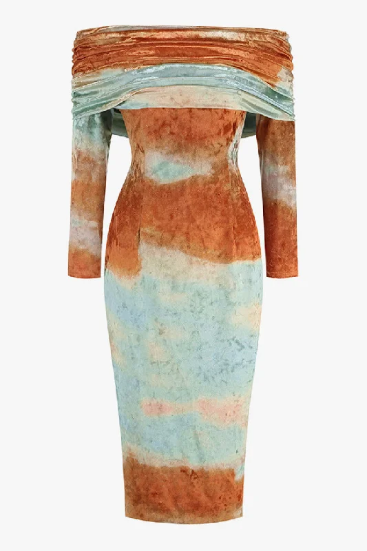 Women's Evening Attire Trendy Threads Elegant Sunset Tie Dye Ruched Off Shoulder Long Sleeve Velvet Cocktail Midi Dress