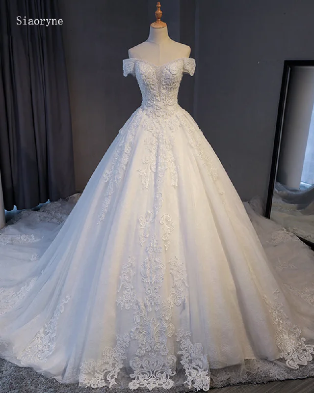 Women's Casual Outfit Cozy Chic Promotions Siaoryne Gorgeous Appliques Lace Chapel Train A-Line Wedding Dress 2024 Luxury Beaded Boat Neck Sexy Bridal Gown Vestido de Noiva WD01219