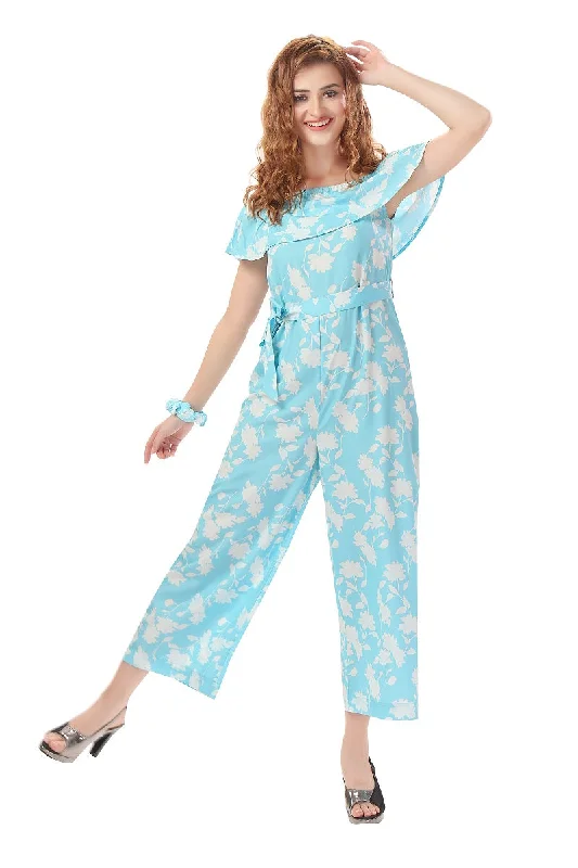 Women's Seasonal Garments Trendy Fashion Sale Cherrylavish Blue & White Floral Print Jumpsuit With Ruffle On Bust