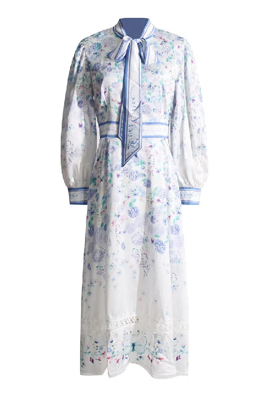 Women's Holiday Apparel High-End Style Discounts Boho Chic Tie Neck Lace Trim Lantern Sleeve Vacation Floral Print Midi Dress