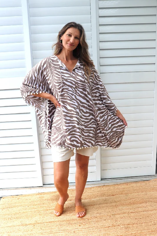 Crazy Price Slashing Short Pom Pom Kaftan in Zebra Taupe