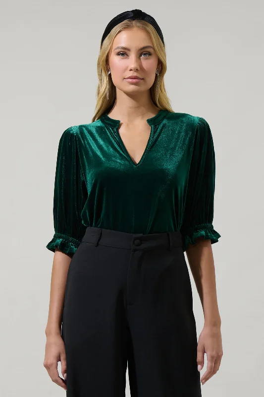 Luxury Fashion Discounts Odalys Velvet Split Neck Half Sleeve Top