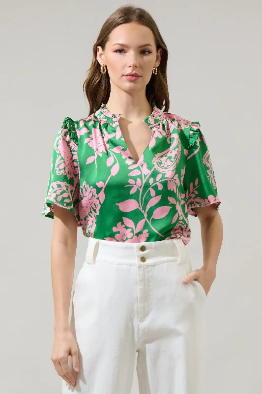 High-End Style Discounts Anela Floral Mei Split Neck Satin Top