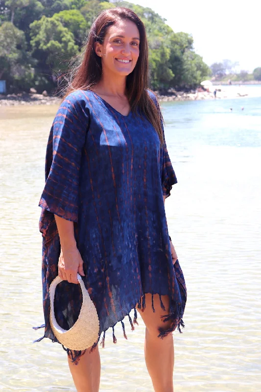 Ride The Style Wave Short Kaftan With Tassels In Midnight Tie Dye