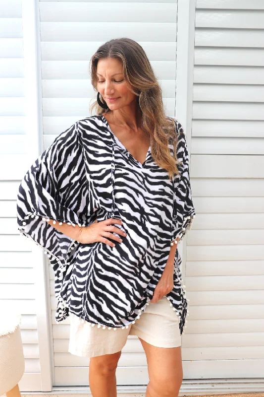 Absurdly Cheap Sale Short Pom Pom Kaftan in Zebra Black