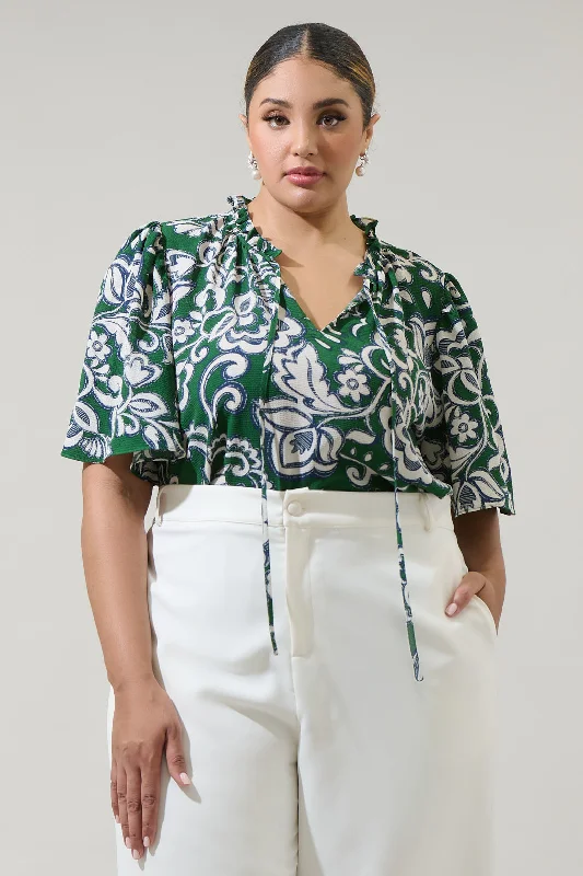 Seasonal Trends Harriet Floral Ruffle Split Neck Dupont Top Curve