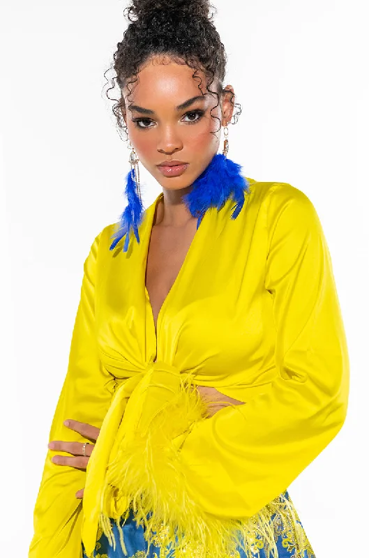 Modern Chic Discounts GIA GIA TIE FRONT FEATHER DETAIL TOP YELLOW