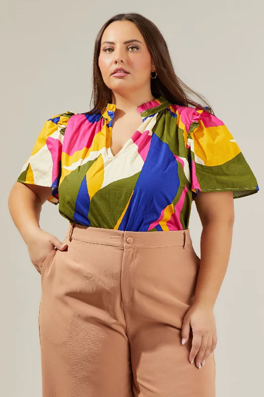 Bold Fashion Sales Rio Abstract Split Neck Poplin Top Curve