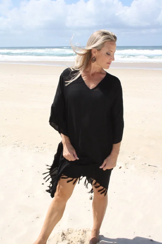 Hot Items Short Kaftan With Tassels In Black