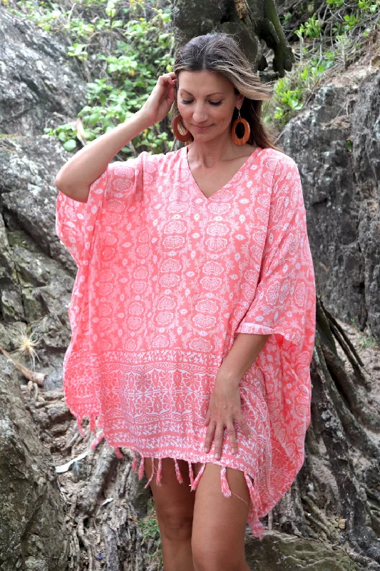 Evening Elegance Short Kaftan With Tassels In Salmon