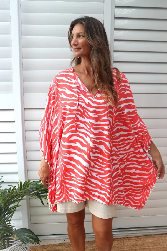 Special Offer For You Short Pom Pom Kaftan in Zebra Coral