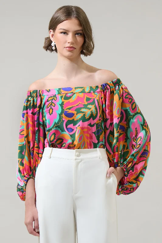 Casual Fashion Lilia Tropical Floral Off the Shoulder Balloon Sleeve Top