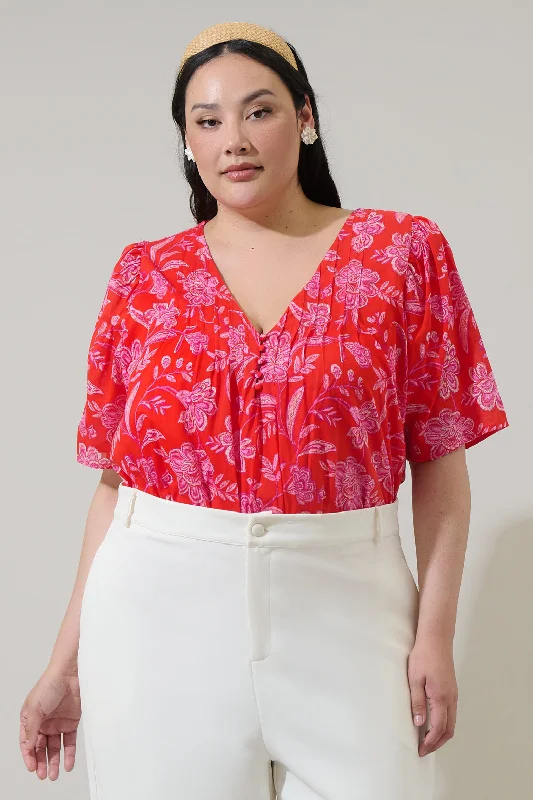 Valentine's Special Aria Floral Jodie Pleated Puff Sleeve Top Curve