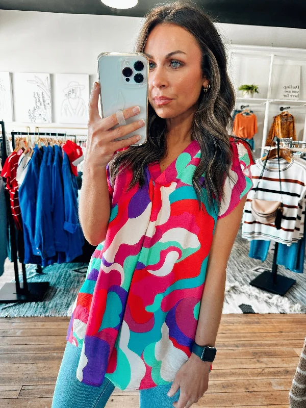 Daring Fashion Promotions Blue/Fuchsia Mix Abstract Top -ALL SALES FINAL