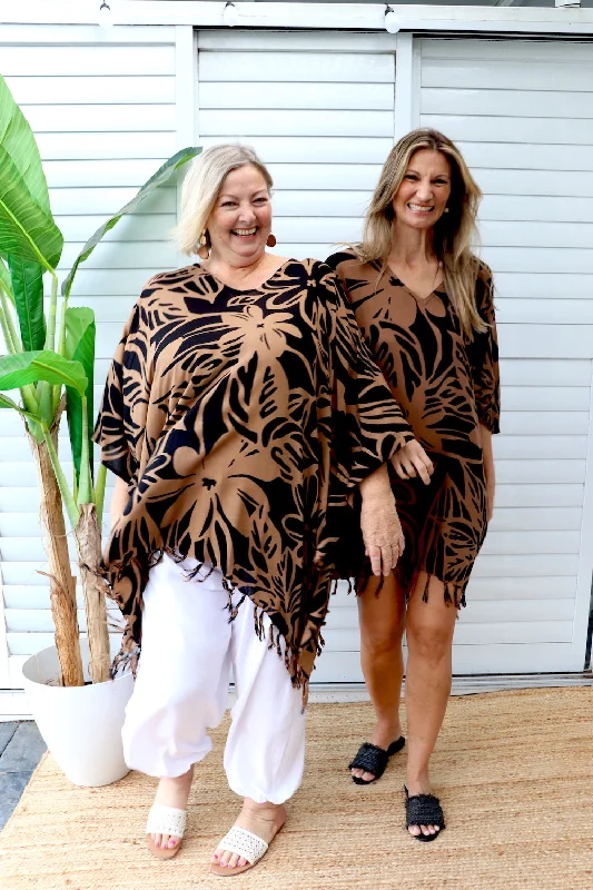 Unleash Your Trendy Side Short Kaftan With Tassels In Hibiscus Chocolate