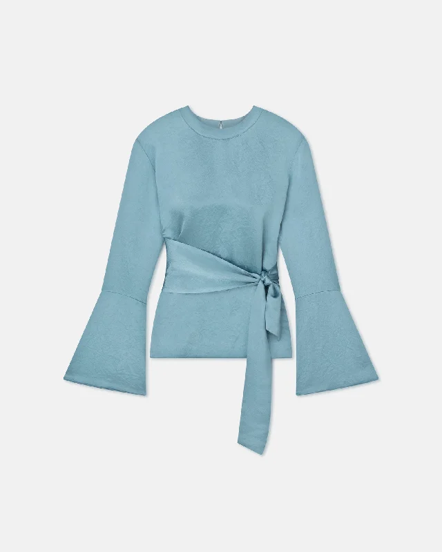 Stay Ahead In Style Ilone - Belted Crinkled-Satin Top - Aqua