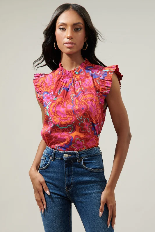 Discover Promotions Raveena Floral Gabrielle Mock Neck Poplin Top