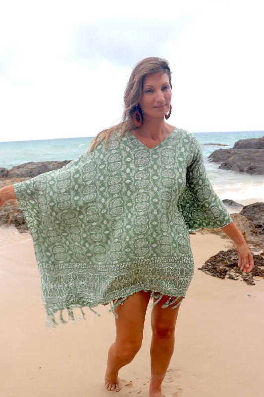 Boutique Styles Short Kaftan With Tassels In Sage