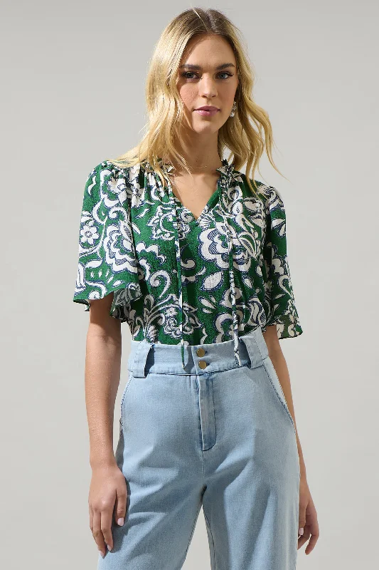 Trend Alert Harriet Floral Ruffle Split Neck Dupont Top