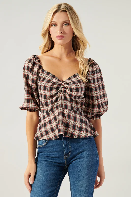 Exclusive Discount Woodby Plaid Puff Sleeve Peplum Top