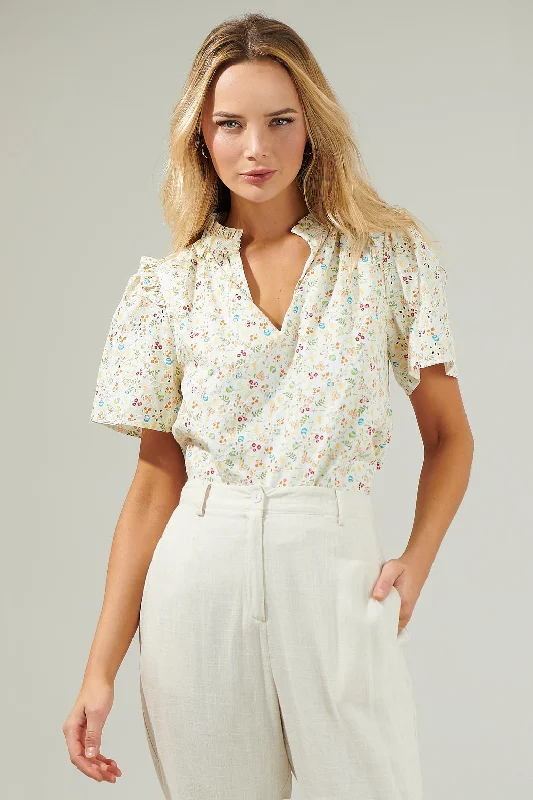 Trendy Pulse Esme Floral Mei Split Neck Eyelet Top