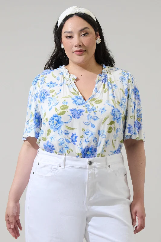 End Of Season Sale Milla Floral Ruffle Split Neck Dupont Top Curve