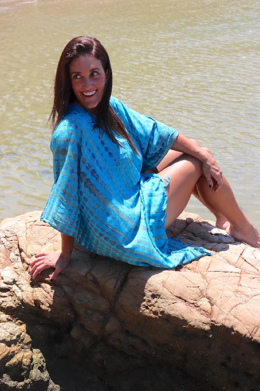 Style Breakthroughs Short Kaftan With Tassels In Bright Blue Tie Dye