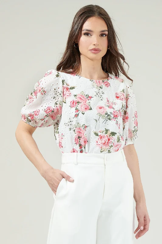 Chic Trend Collection Villa Garden Eyelet Puff Sleeve Top