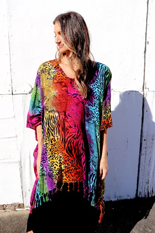 Style Redefined Short Kaftan With Tassels In Rainbow Animal