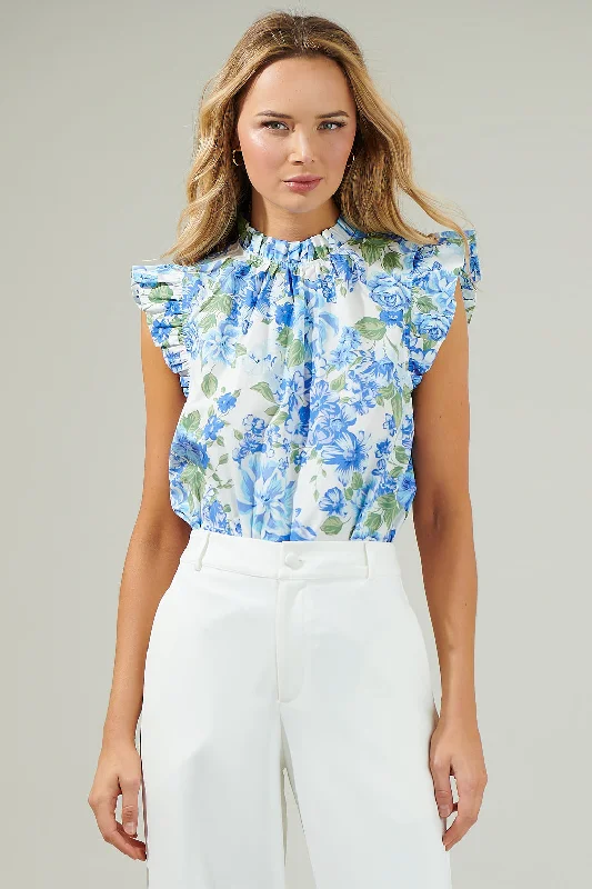 Clearance Sale, All Cheap Truth Be Told Blue Floral Gabrielle Mock Neck Poplin Top