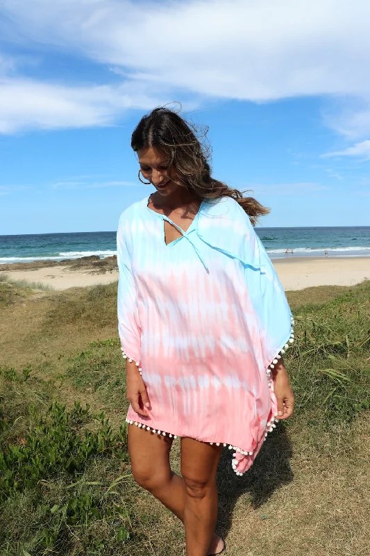 Trendy Threads Short Pom Pom Kaftan in Fairy Floss