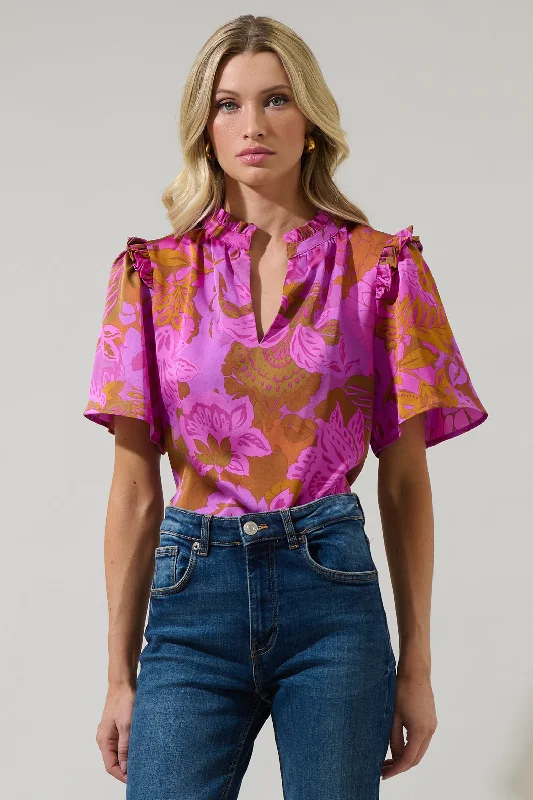 Limited-Time Offer Lorian Floral Mei Split Neck Satin Top