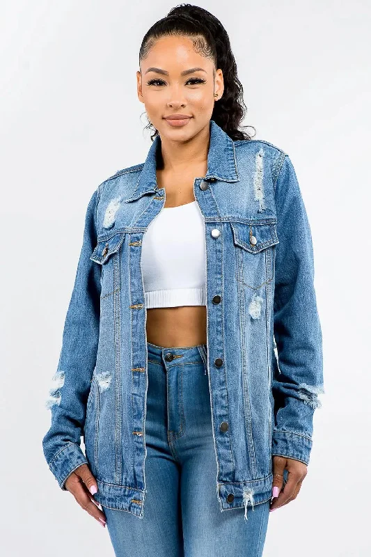 Women's High-End Clothing American Bazi Full Size Button Up Distressed Denim Jacket