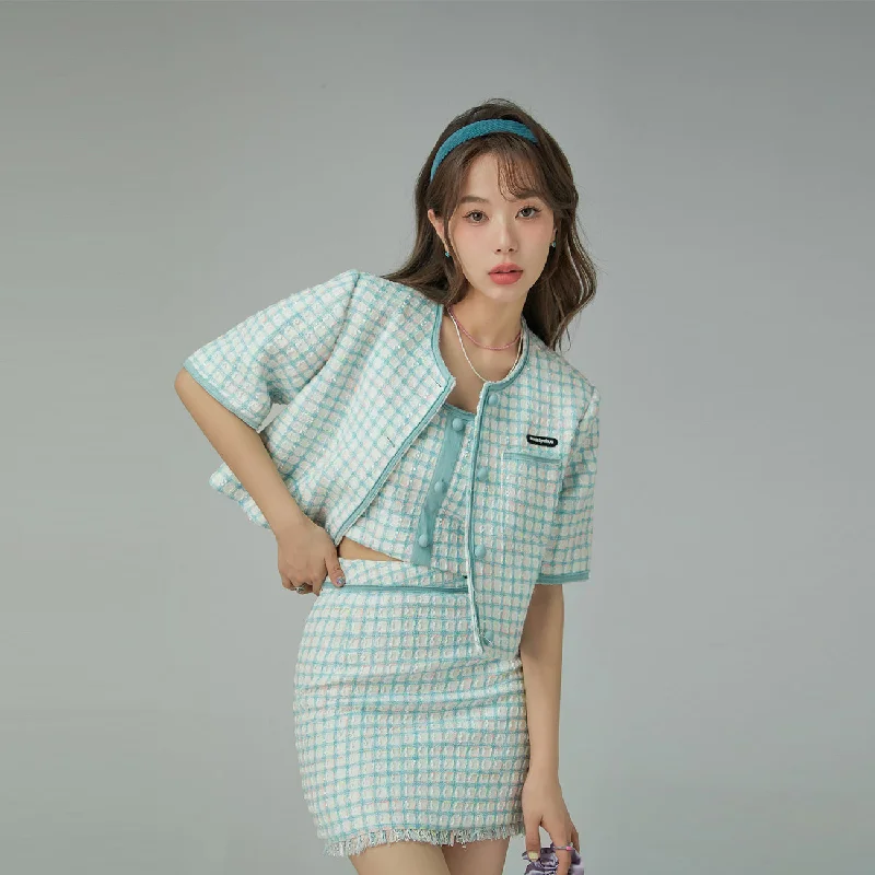 Women's Elegant Garments Short Sleeve Check Tweed Jacket