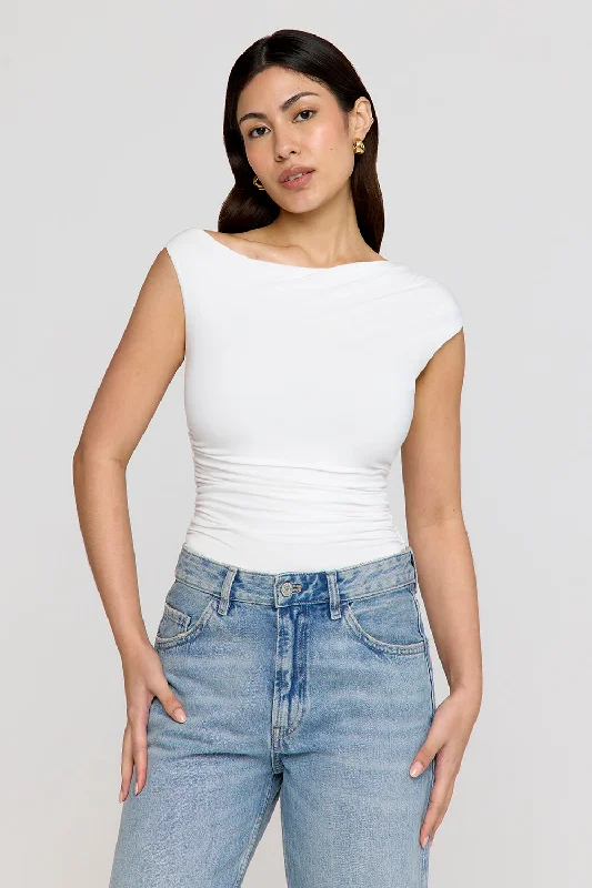 Women's Trendy Activewear Apparel Gift Ideas 365 ASYMMETRIC RUCHED SIDE TOP - COCONUT MILK