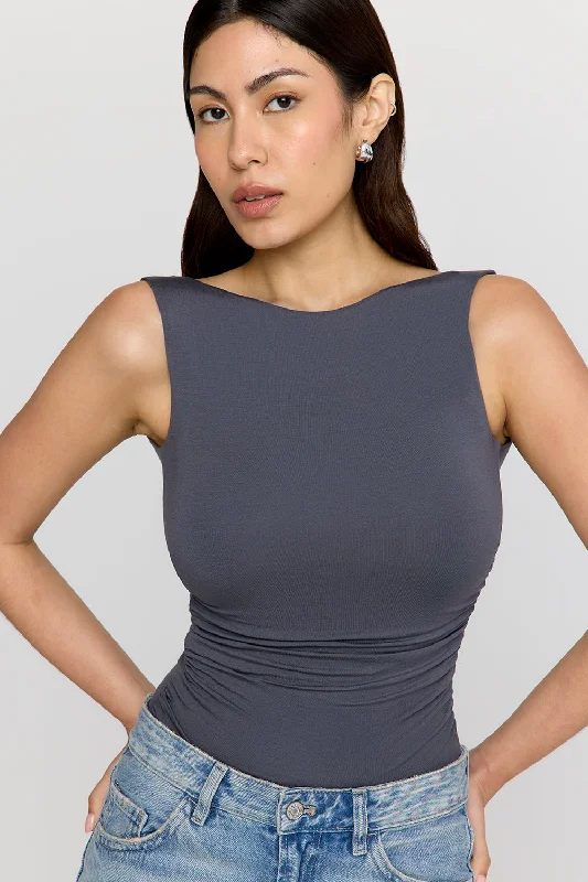 Women's Everyday Garments Quick Grab Deals 365 RUCHED SIDE OPEN BACK TOP - GRAPHITE